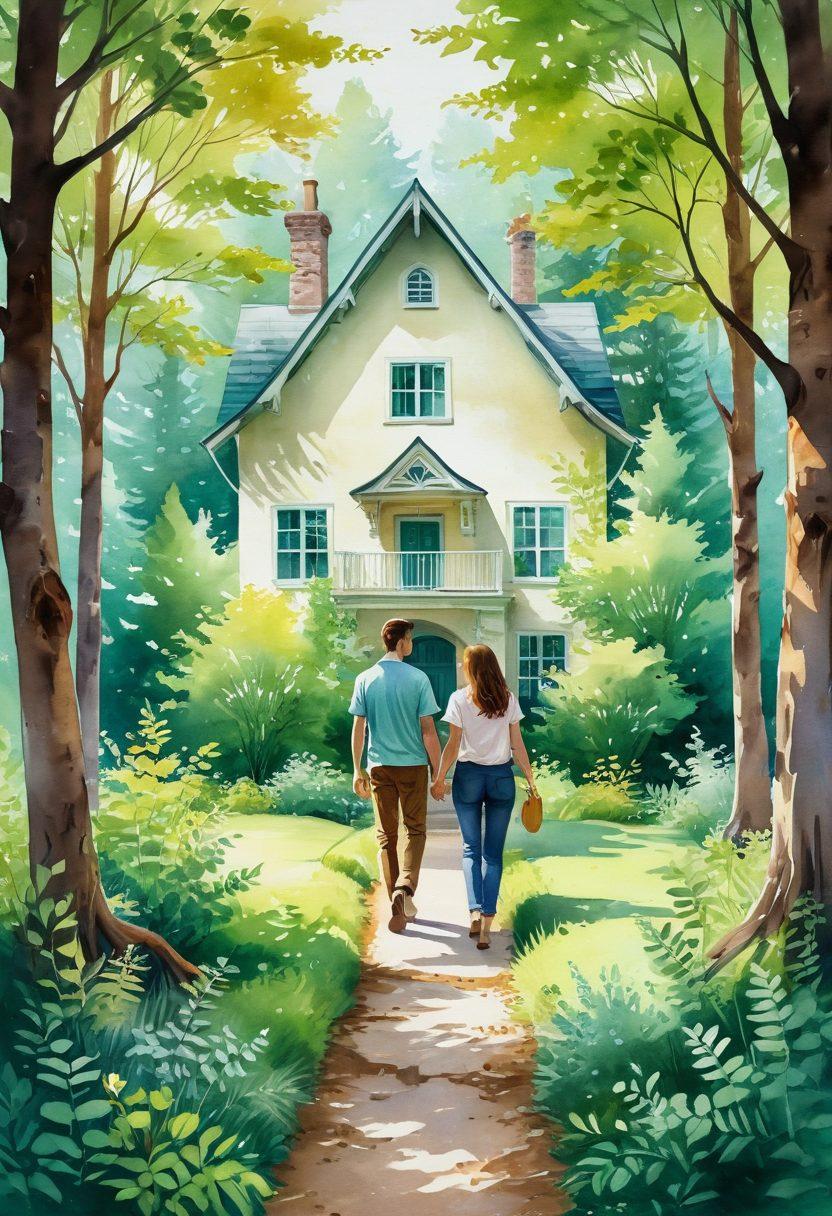 A serene pathway leading through a lush green forest, dotted with cozy house illustrations on both sides, symbolizing diverse property listings. A happy couple joyfully exploring their options with a glowing heart-shaped symbol above them, representing their perfect match. Soft, inviting colors enhance the peaceful atmosphere, ensuring a sense of contentment and fulfillment. watercolor painting. vibrant colors.