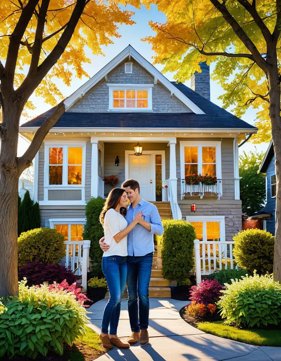 A happy couple joyfully exploring a cozy home, surrounded by colorful open house signs. Include a backdrop of a picturesque neighborhood with blooming trees and cheerful houses. Showcase a 'Sold' sign in the foreground to symbolize success in home buying. Warm sunlight filtering through, creating a welcoming atmosphere. vibrantly colored, super-realistic.