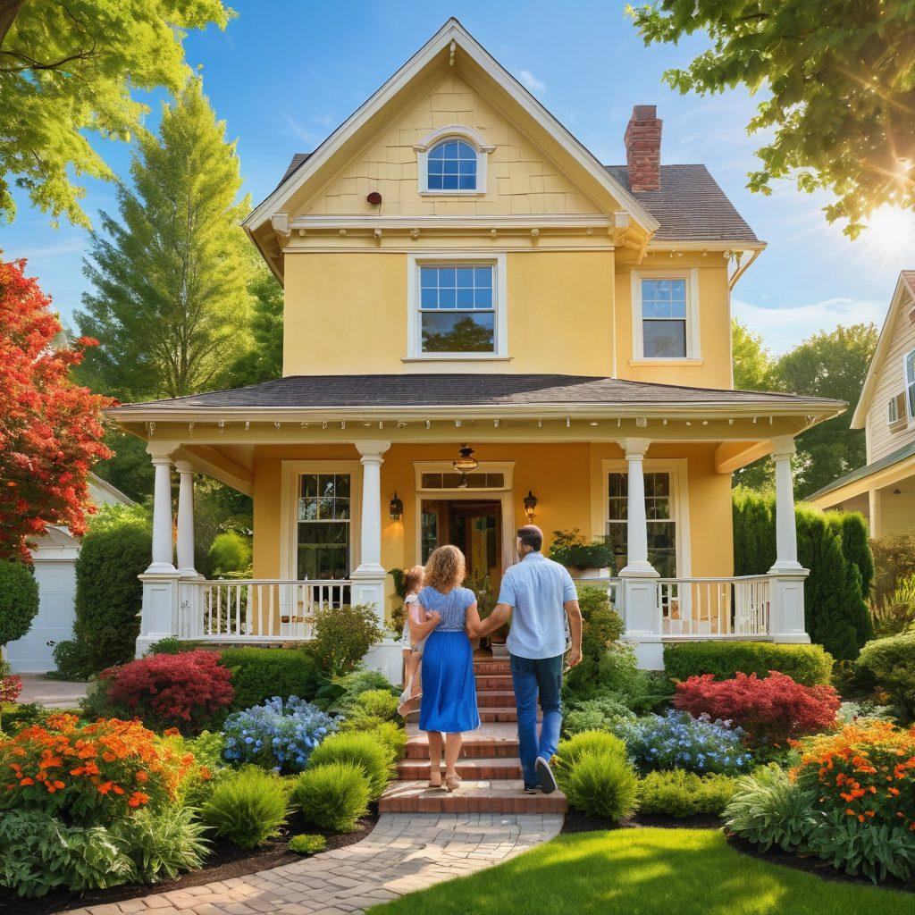 A serene scene depicting a joyful family happily exploring a charming home with a warm, inviting exterior. Lush green landscaping surrounds them, symbolizing growth and satisfaction. Bright sunlight casts a golden glow over the moment, embodying the essence of 'home'. Incorporate elements like a 'For Sale' sign and a vibrant blue sky. super-realistic. vibrant colors. sunny day.
